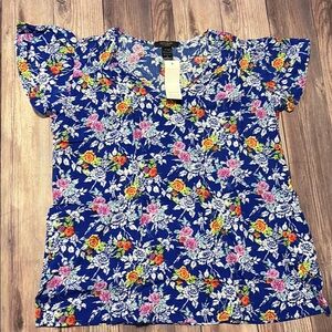 Pink and Blue Ruffled Flutter Sleeve Blouse